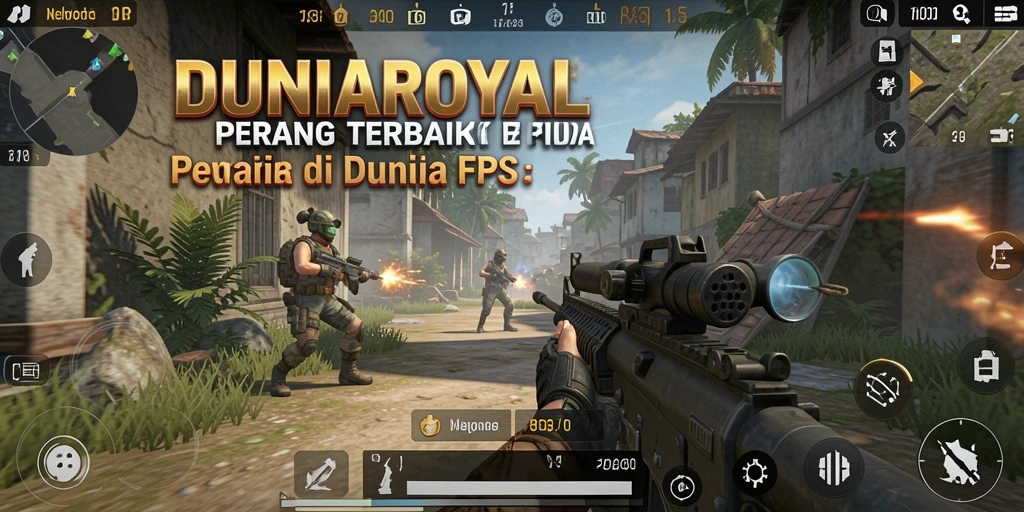 Tangkapan layar DUNIAROYAL yang menunjukkan aksi pertempuran FPS yang intens.