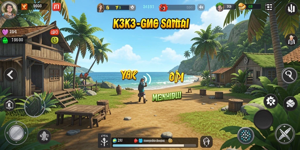 Tangkapan layar utama K3K3 menampilkan aksi gameplay santai yang penuh warna.