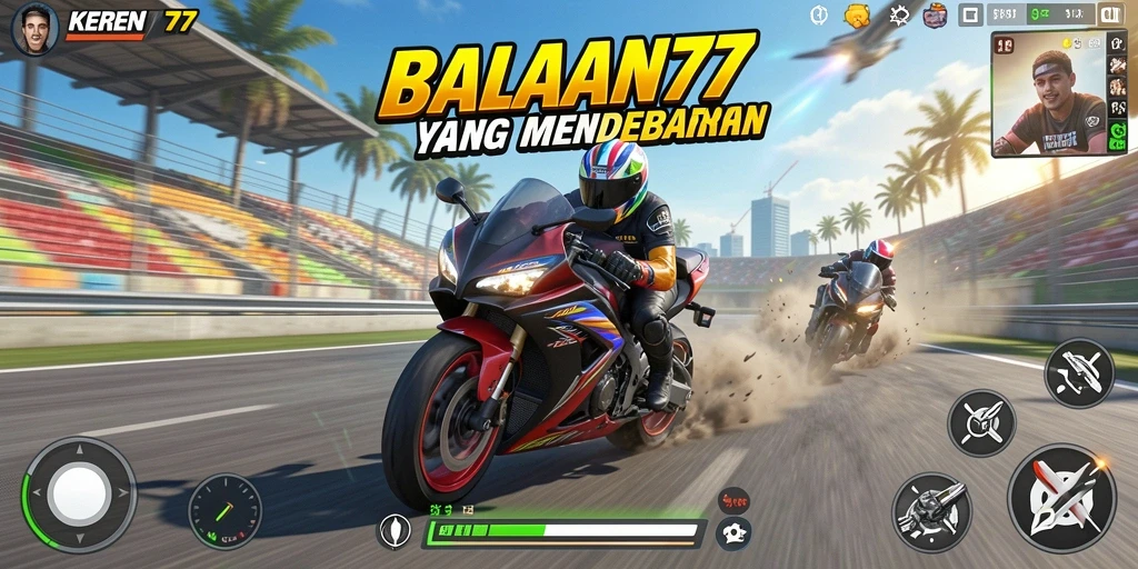 Screenshot gameplay KEREN77 yang menunjukkan aksi balapan motor yang mendebarkan.
