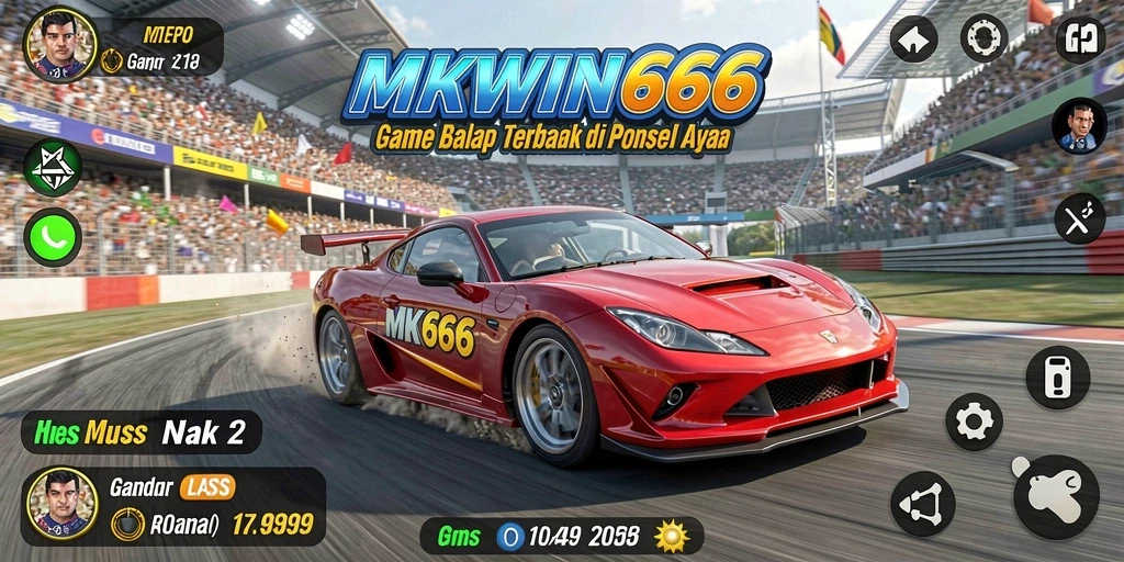 Screenshot gameplay <strong>MKWIN666</strong> menampilkan aksi balapan yang mendebarkan dan mobil yang cepat.