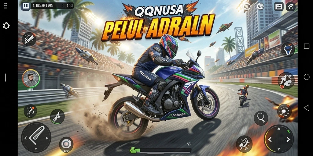 Tampilan gameplay balapan motor yang seru dan mendebarkan.
