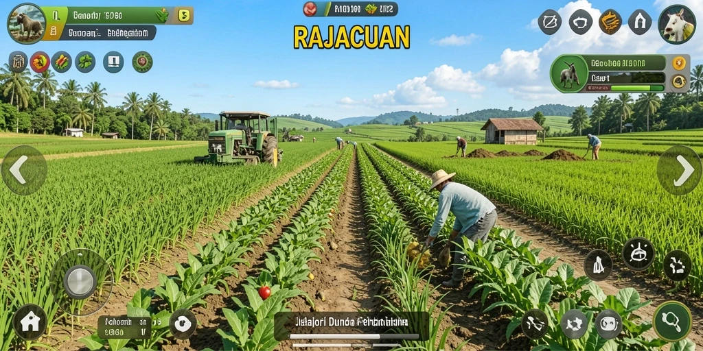 Tampilan menarik gameplay RAJACUAN dengan berbagai tanaman dan hewan.