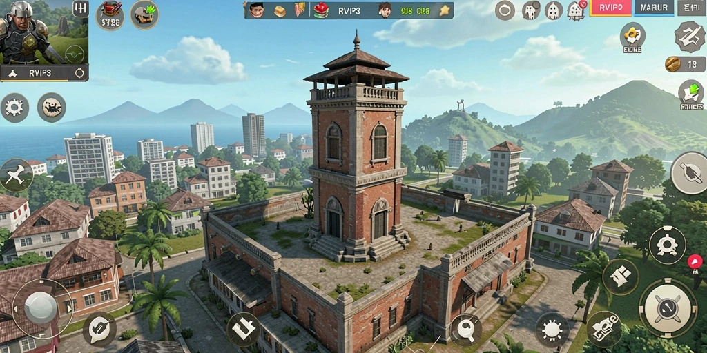 Screenshot gameplay RVIP3 menampilkan menara yang berstrategi dan musuh yang menyerang.