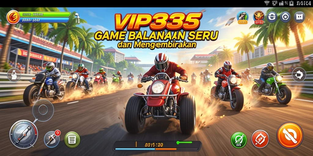 Screenshot menunjukkan aksi balapan intens dalam VIP333 dengan berbagai kendaraan.