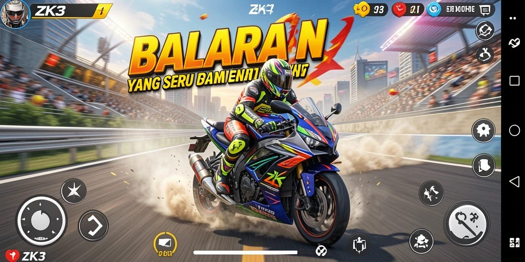 Screenshot ZK3 menampilkan momen mendebarkan balapan motor.